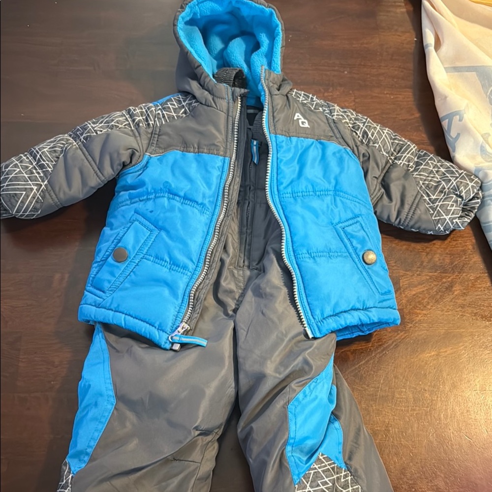 Blue and Gray Snowsuit with Geometric Pattern